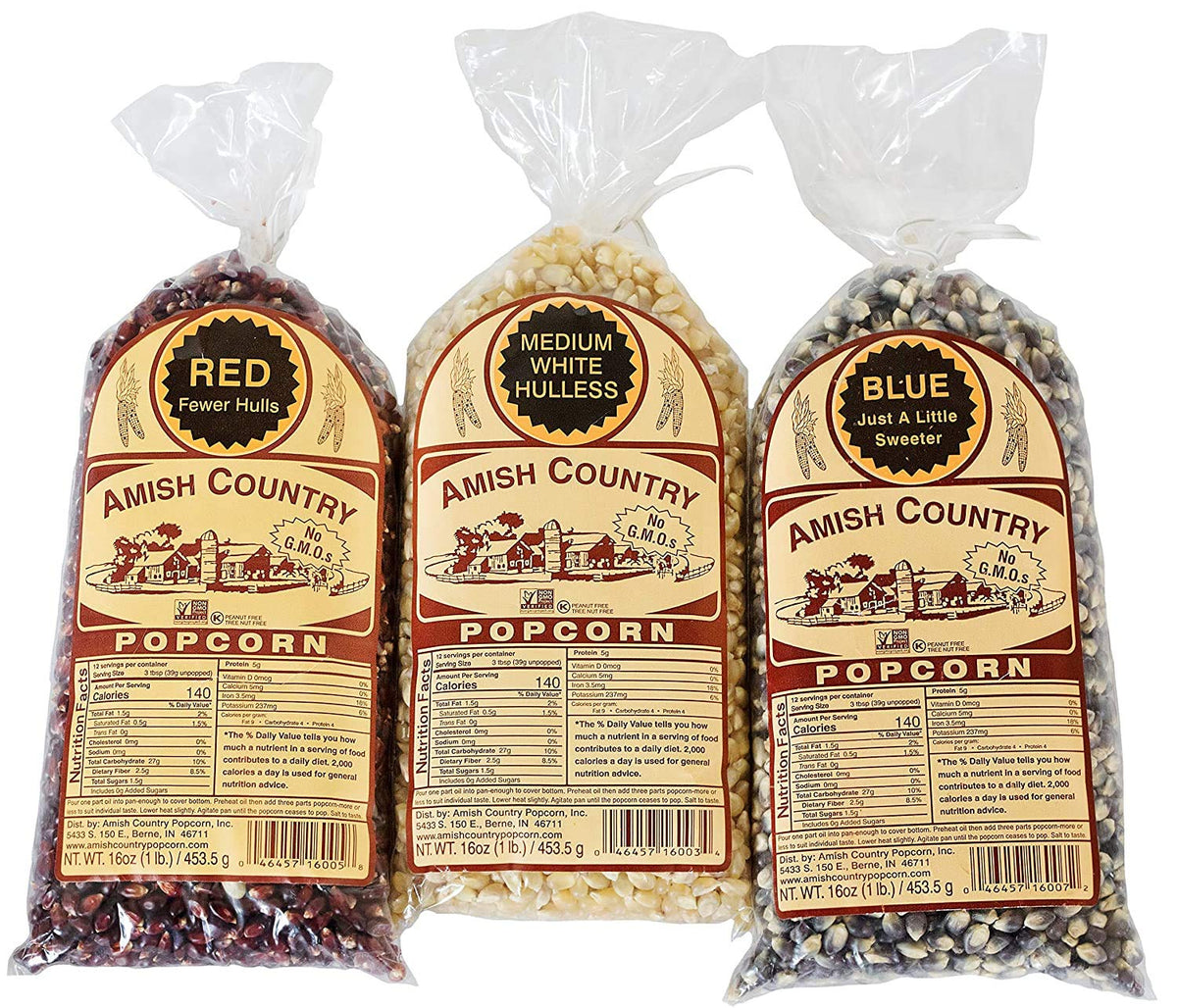 Amish Country Popcorn front packaging showing three one‑pound bags, clear labeling and colorful kernels