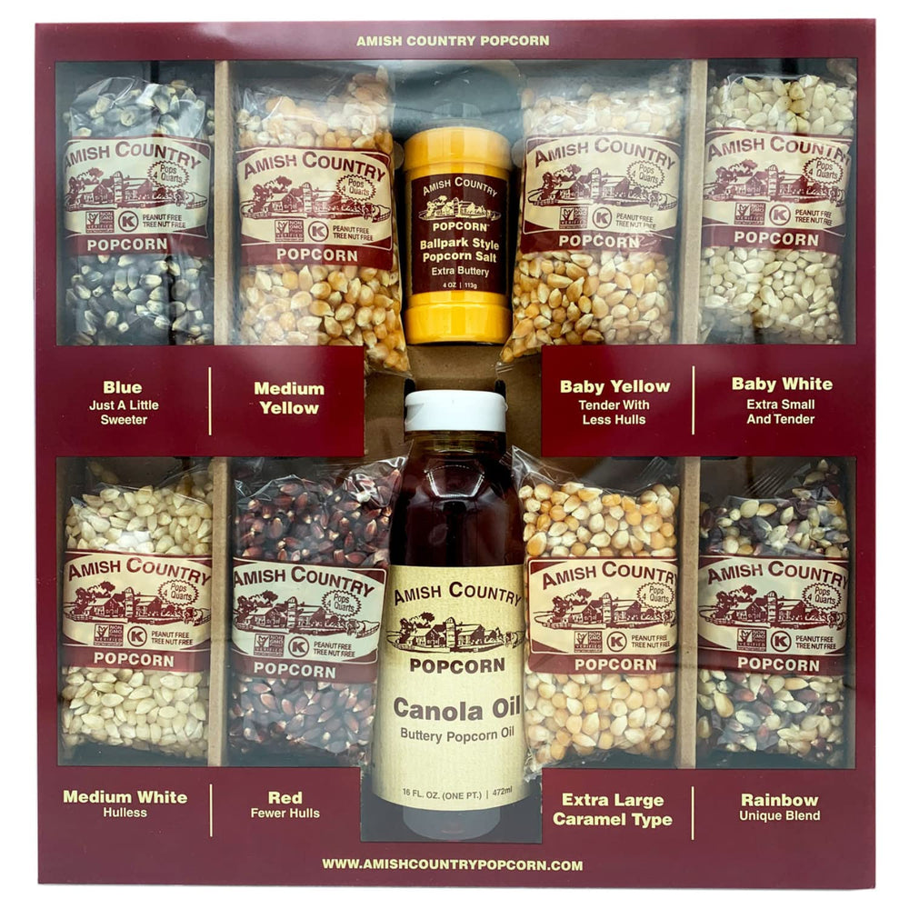 Amish Country Popcorn front packaging showing sampler contents and benefits