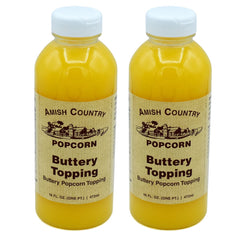 Amish Country Popcorn front packaging showing two bottles and product benefit