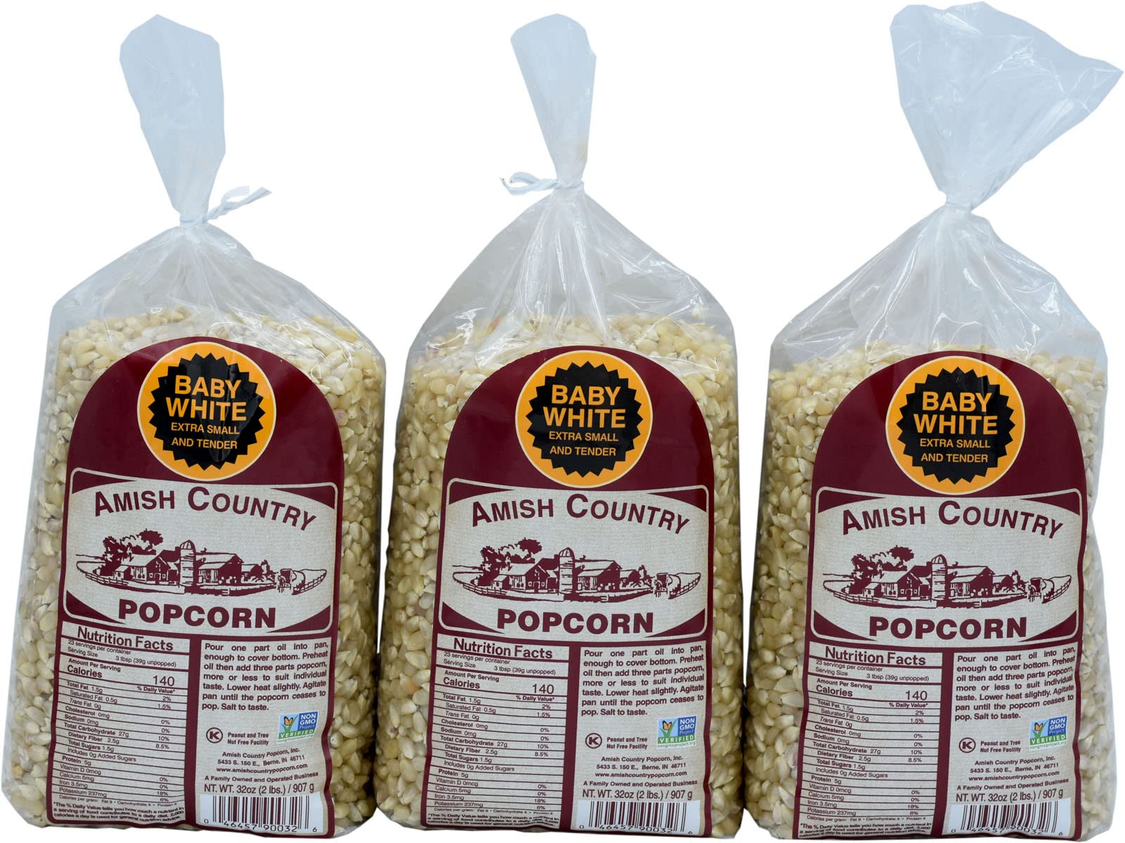 Amish Country Popcorn front packaging showing three 2 lb bags and clear labeling benefit: easy pantry supply