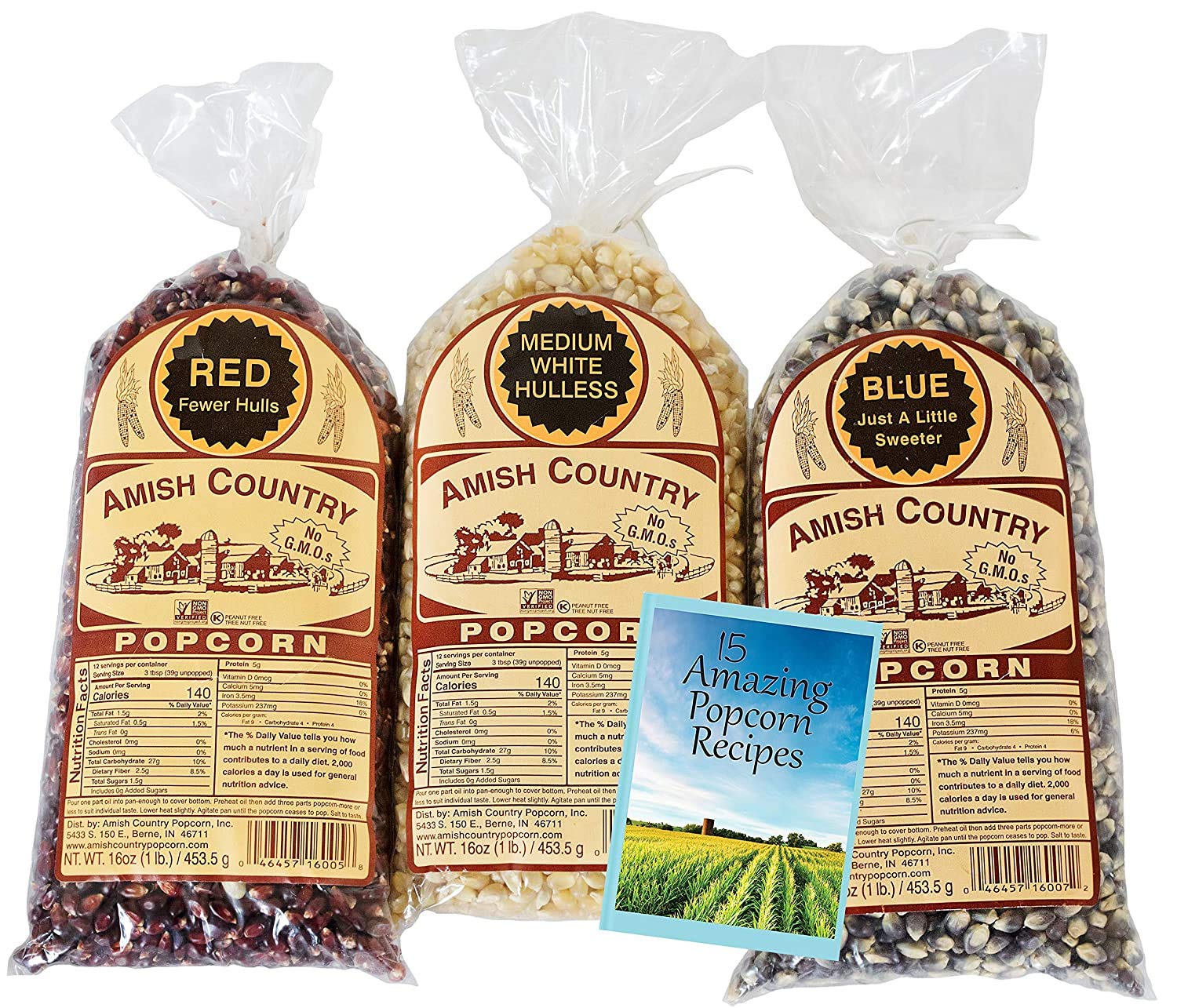 Product label and storage instructions on Amish Country Popcorn bag emphasizing non‑GMO and gluten‑free benefits