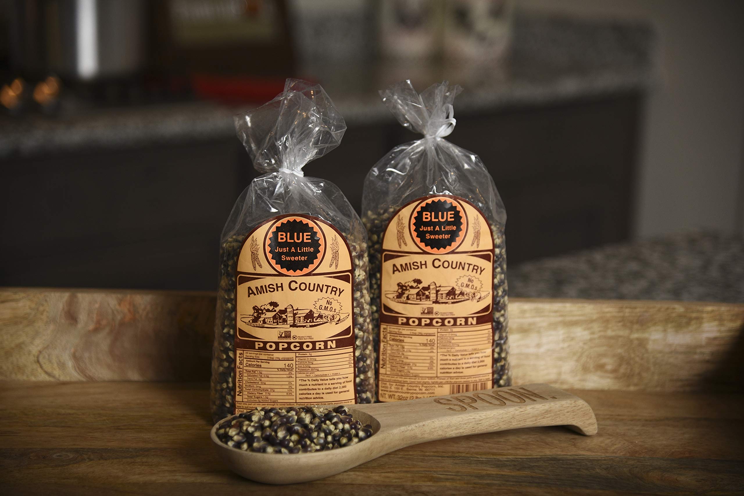 Amish Country Popcorn label close-up showing non-GMO and gluten-free benefit for diets