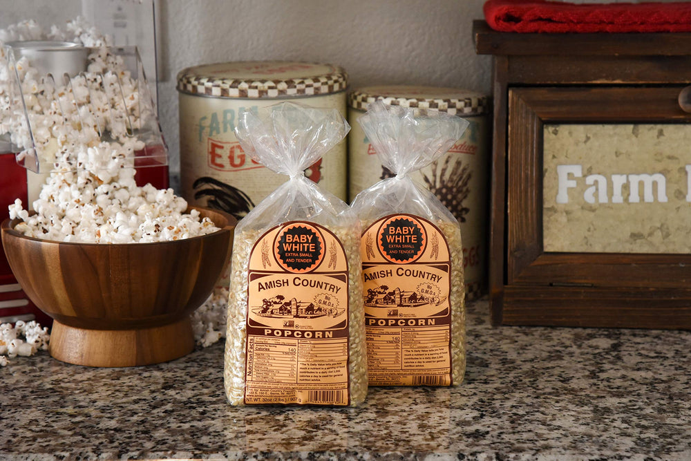 Label detail on Amish Country Popcorn packaging indicating non-GMO and gluten-free attributes