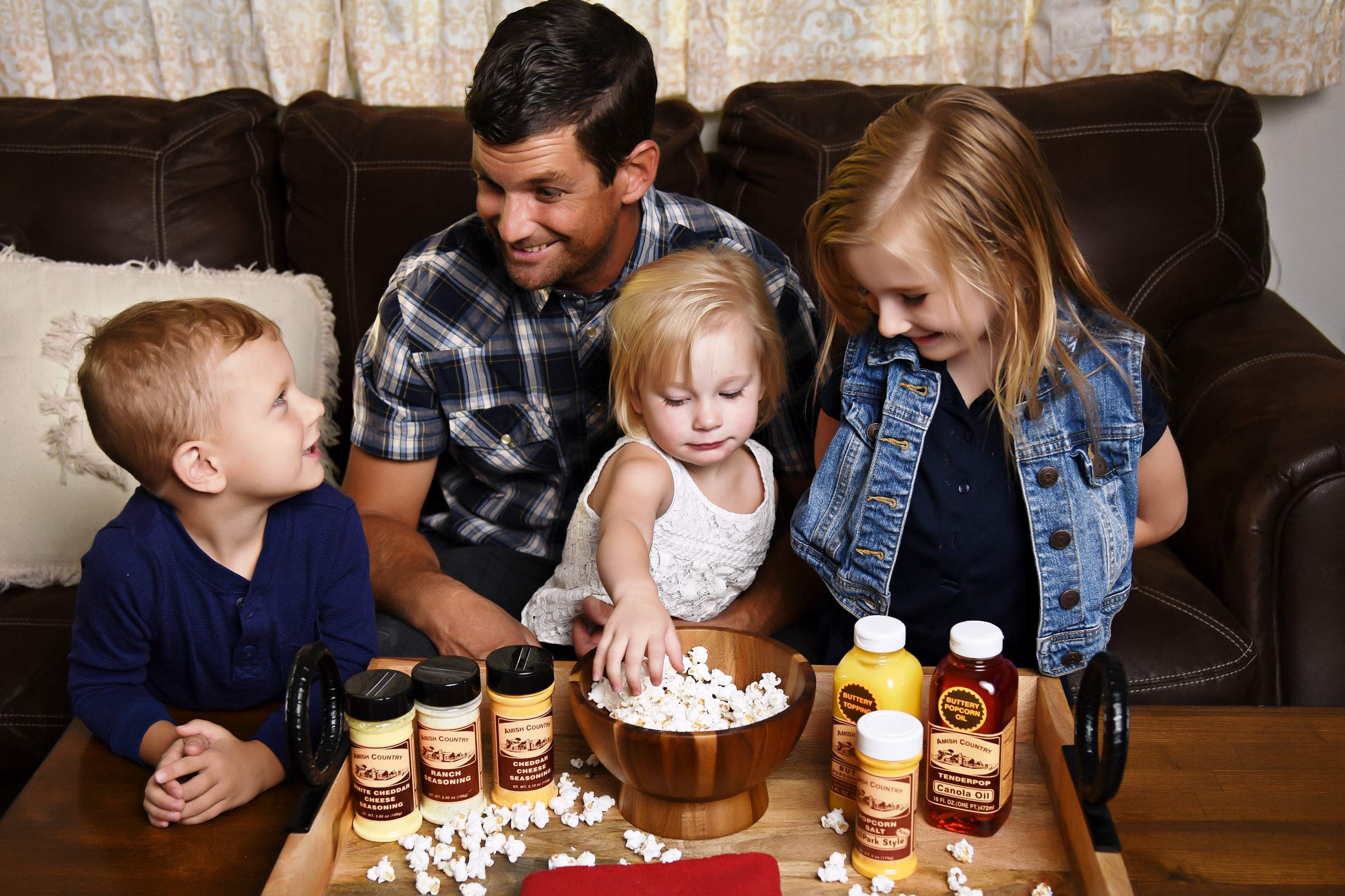 Amish Country Popcorn seasoned popcorn variety demonstrating versatility for sweet or savory toppings