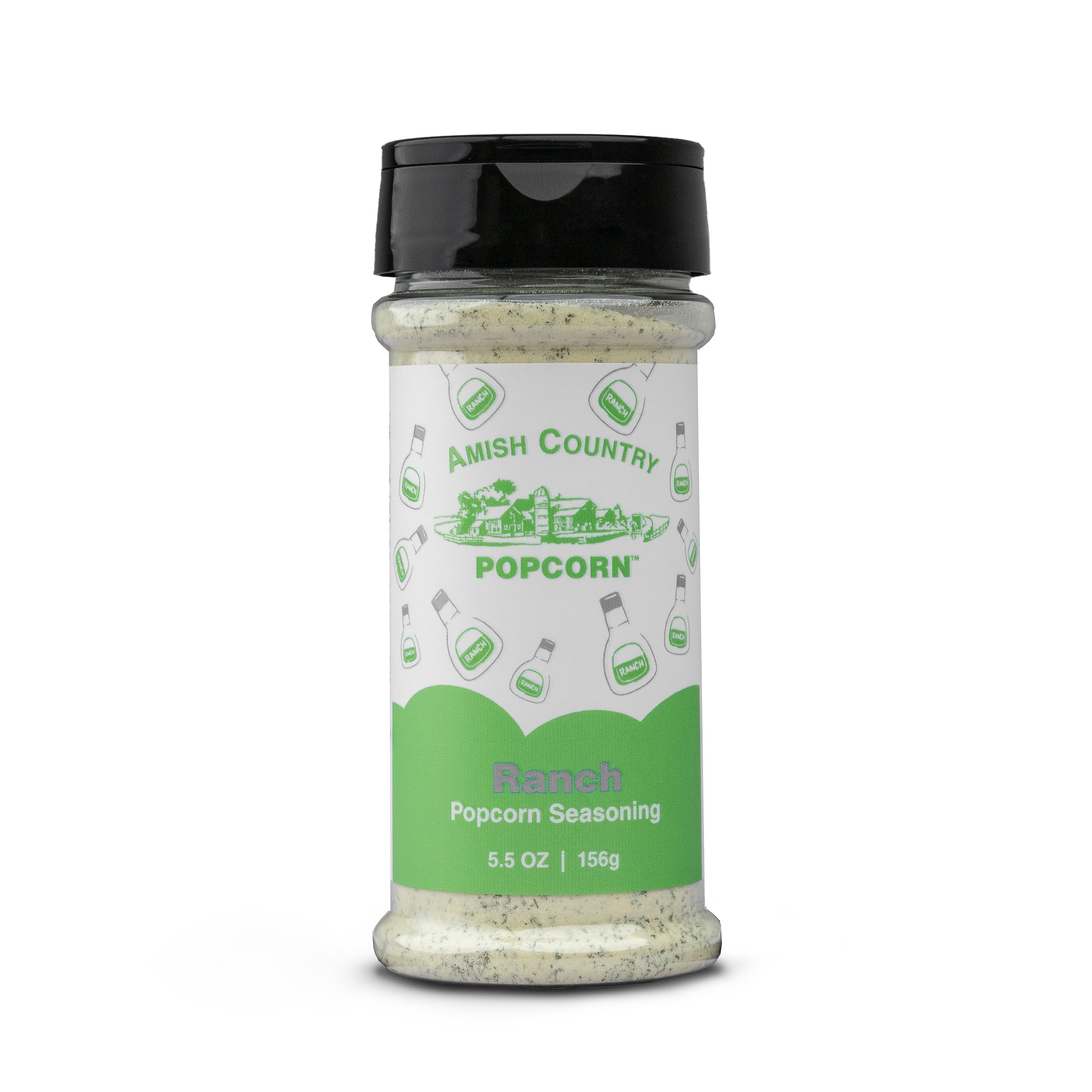 Amish Country Popcorn pouring seasoning from shaker for even coverage