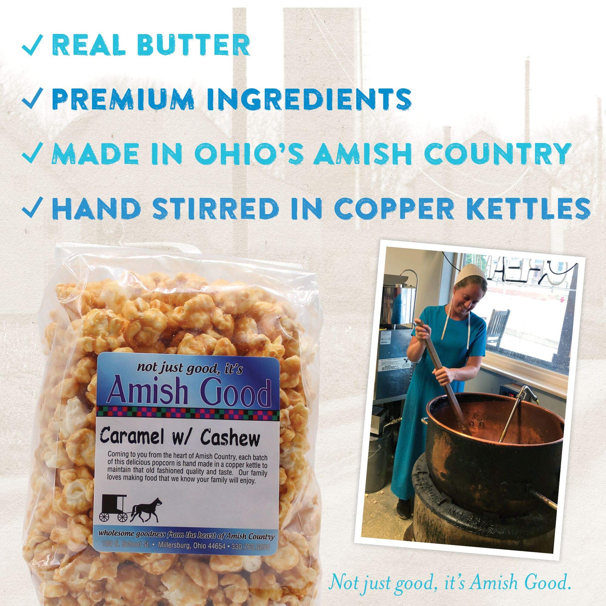 Amish Good popcorn mixed with cashews showing crunchy nuts and buttery caramel balance