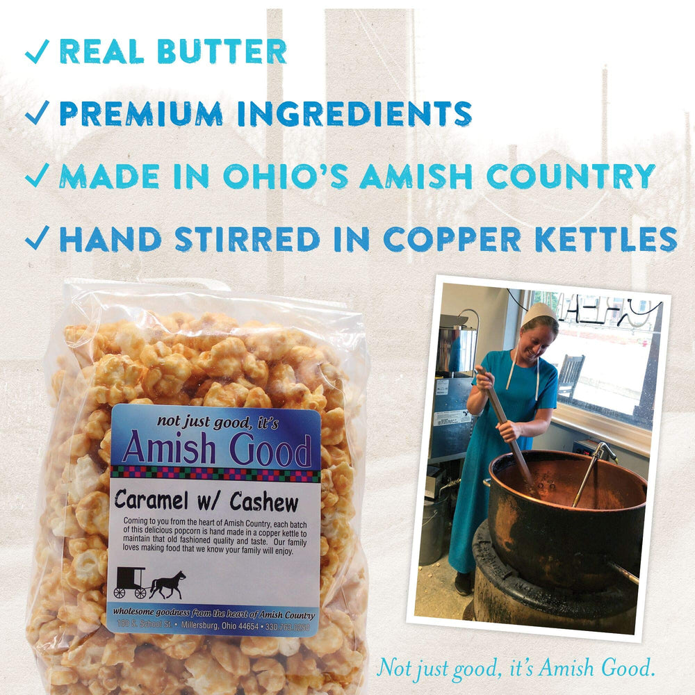 Amish Good popcorn mixed with cashews showing crunchy nuts and buttery caramel balance