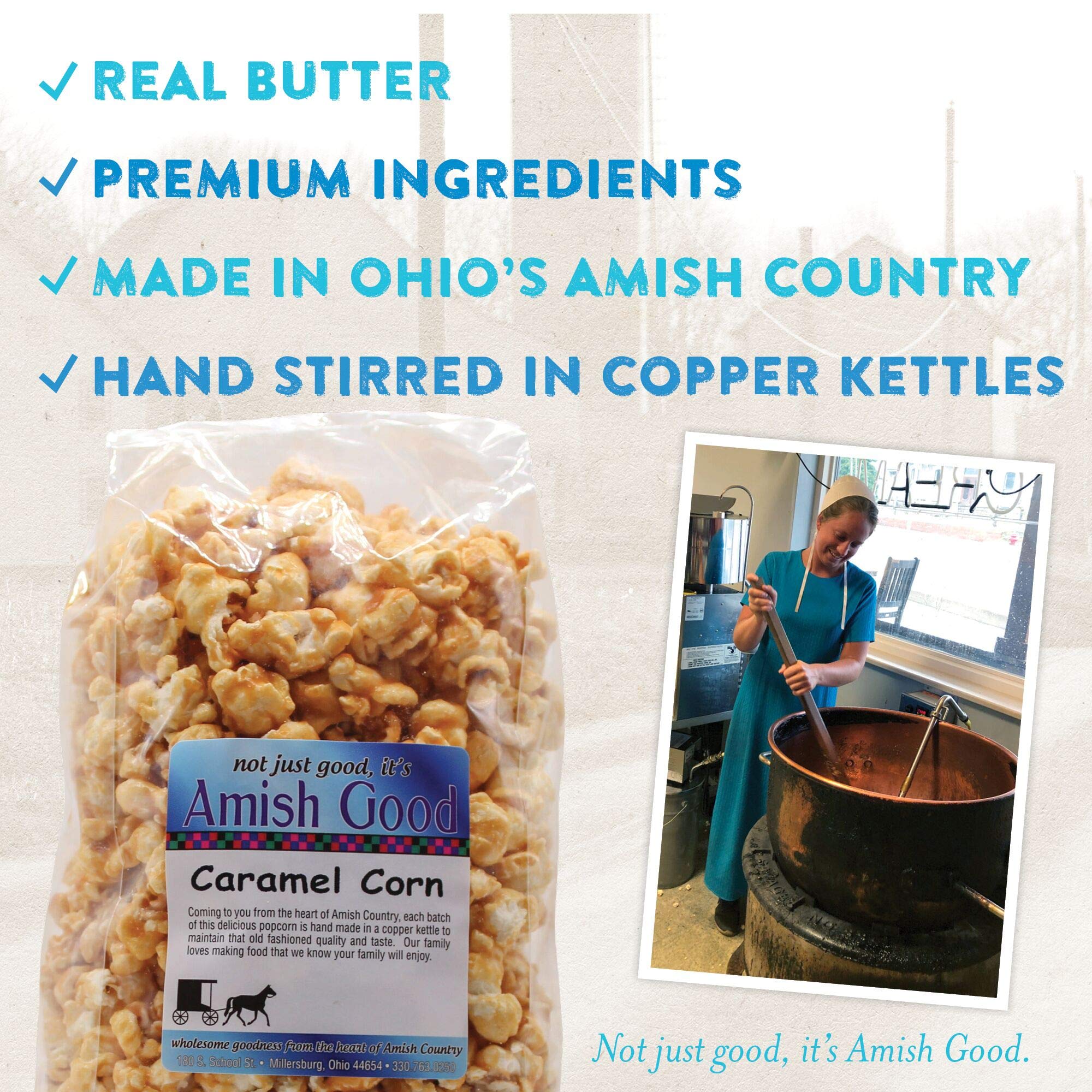 Amish Good popcorn held in hand showing size and generous kernels