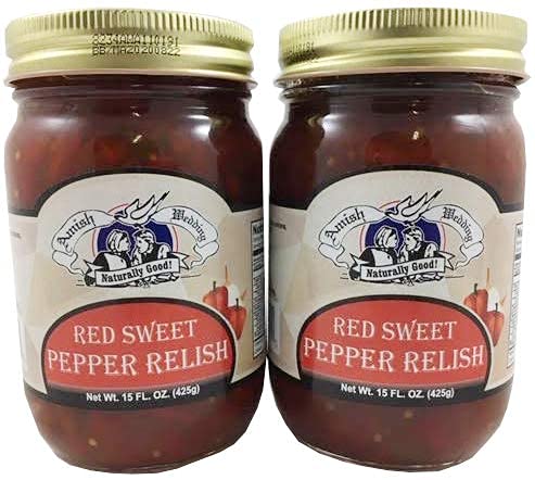 Amish Wedding front packaging showing two jars, clear label and serving suggestion benefit