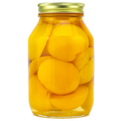 Amish Wedding open jar showing peach halves in light syrup for ease