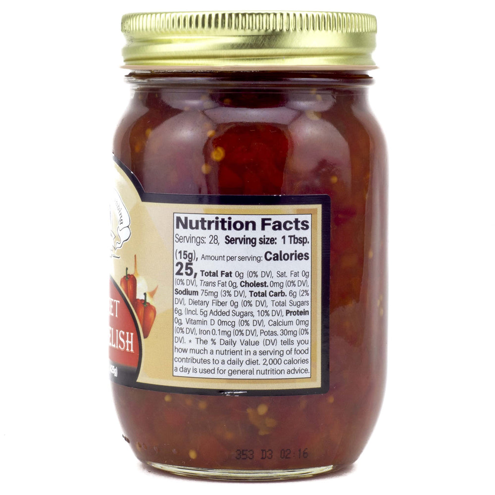 Amish Wedding relish spooned over a burger, adding color and sweet balance benefit