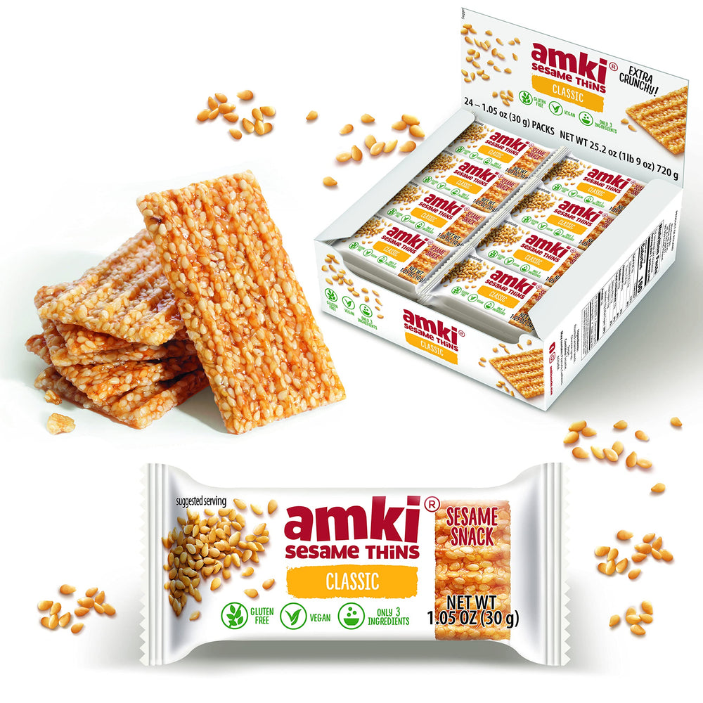 Amki sesame thins front packaging showing 24-pack convenience