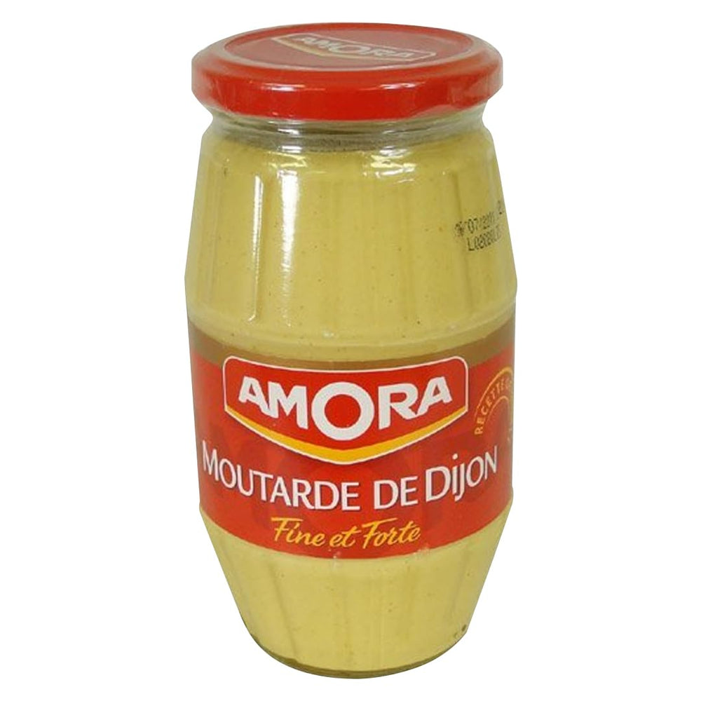Amora Dijon front jar showing label and red lid, clear pantry benefit