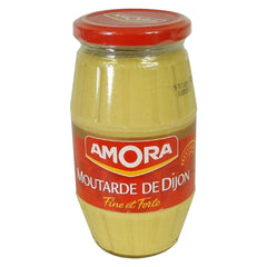 Amora Dijon front jar showing label and red lid, clear pantry benefit