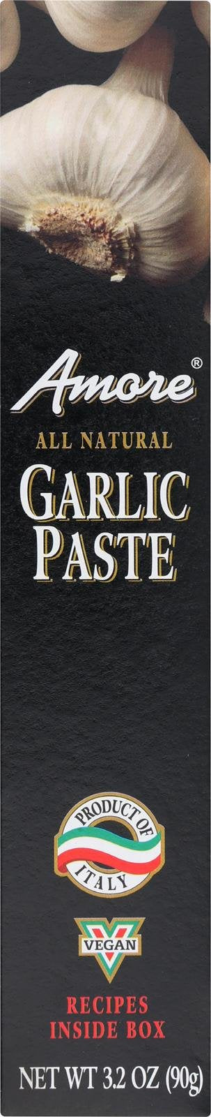 Amore garlic paste tube front view showing squeezable packaging and quick seasoning benefit