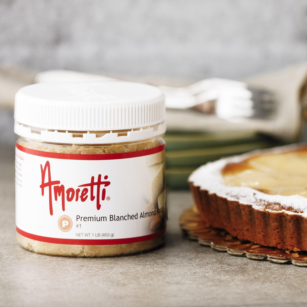 Kitchen scale reading one pound with Amoretti package indicating convenient size