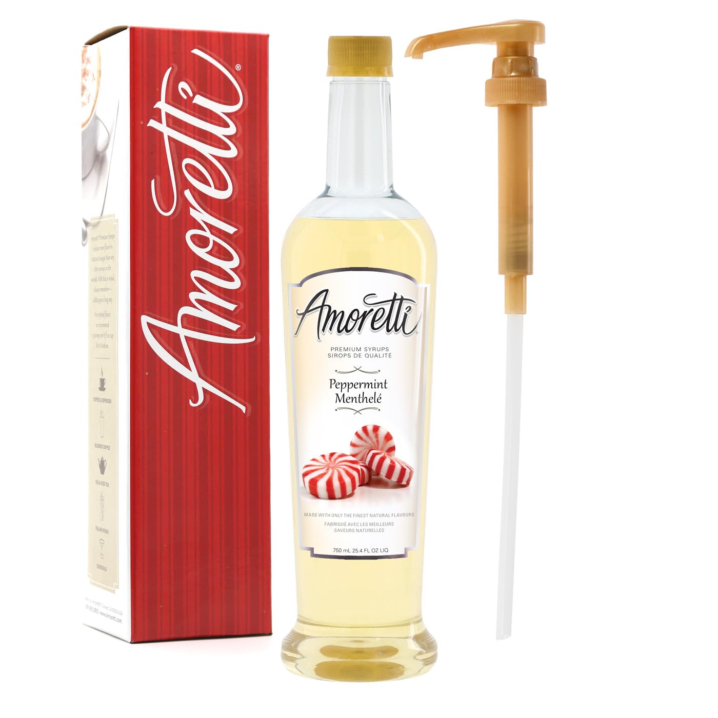 Amoretti peppermint syrup front label showing brand and flavor, clear benefit of quality