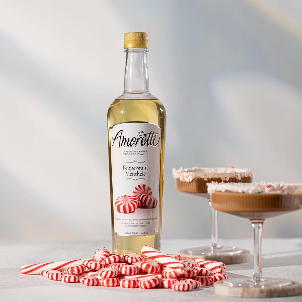 Cup of latte flavored with Amoretti peppermint syrup showing balanced mint flavor in coffee