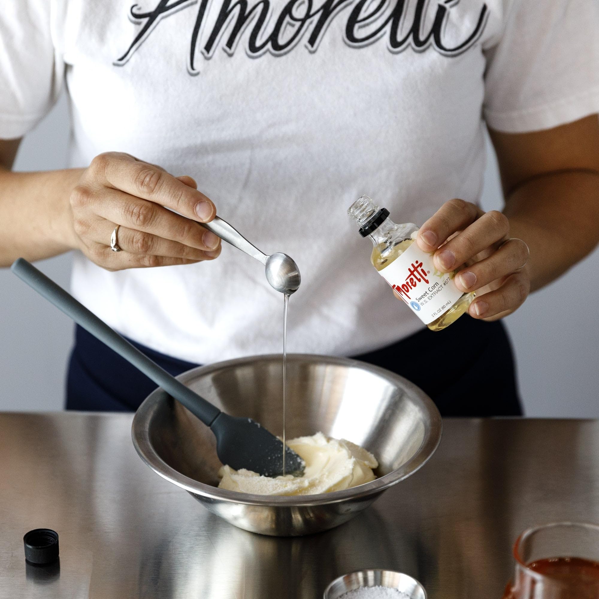 Amoretti sweet corn bottle styled on kitchen counter showing versatile everyday use benefit