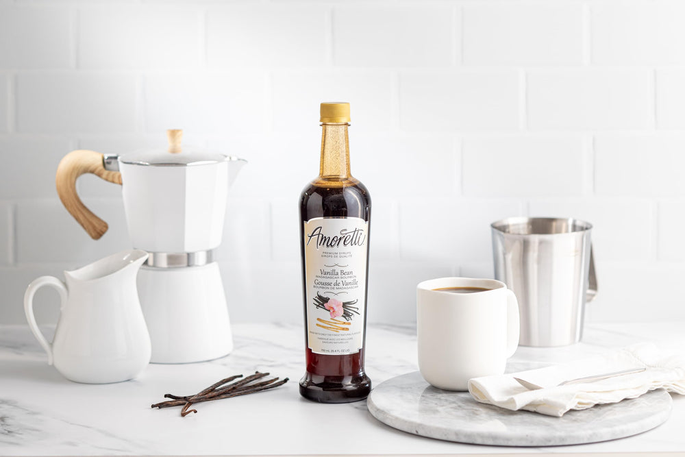Portion-controlling pump dispensing Amoretti syrup for consistent flavoring benefit