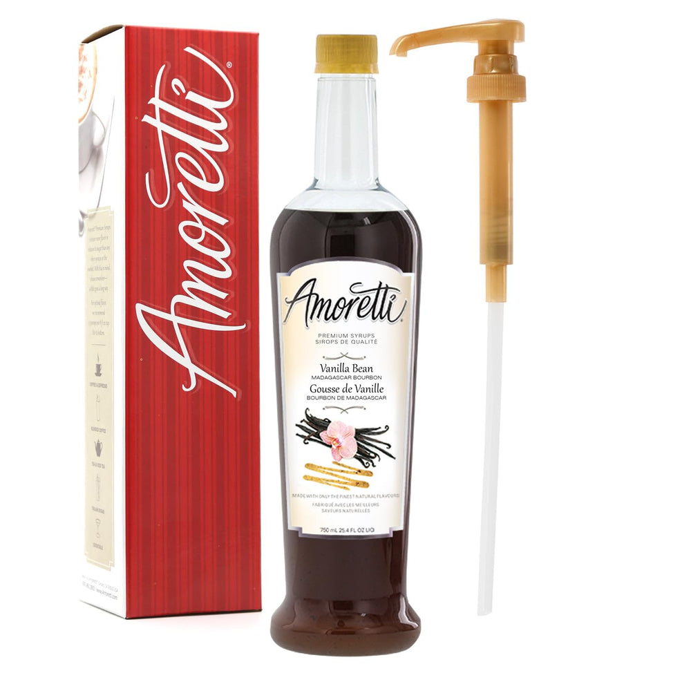 Amoretti bottle front label showing Madagascar bourbon vanilla and servings benefit