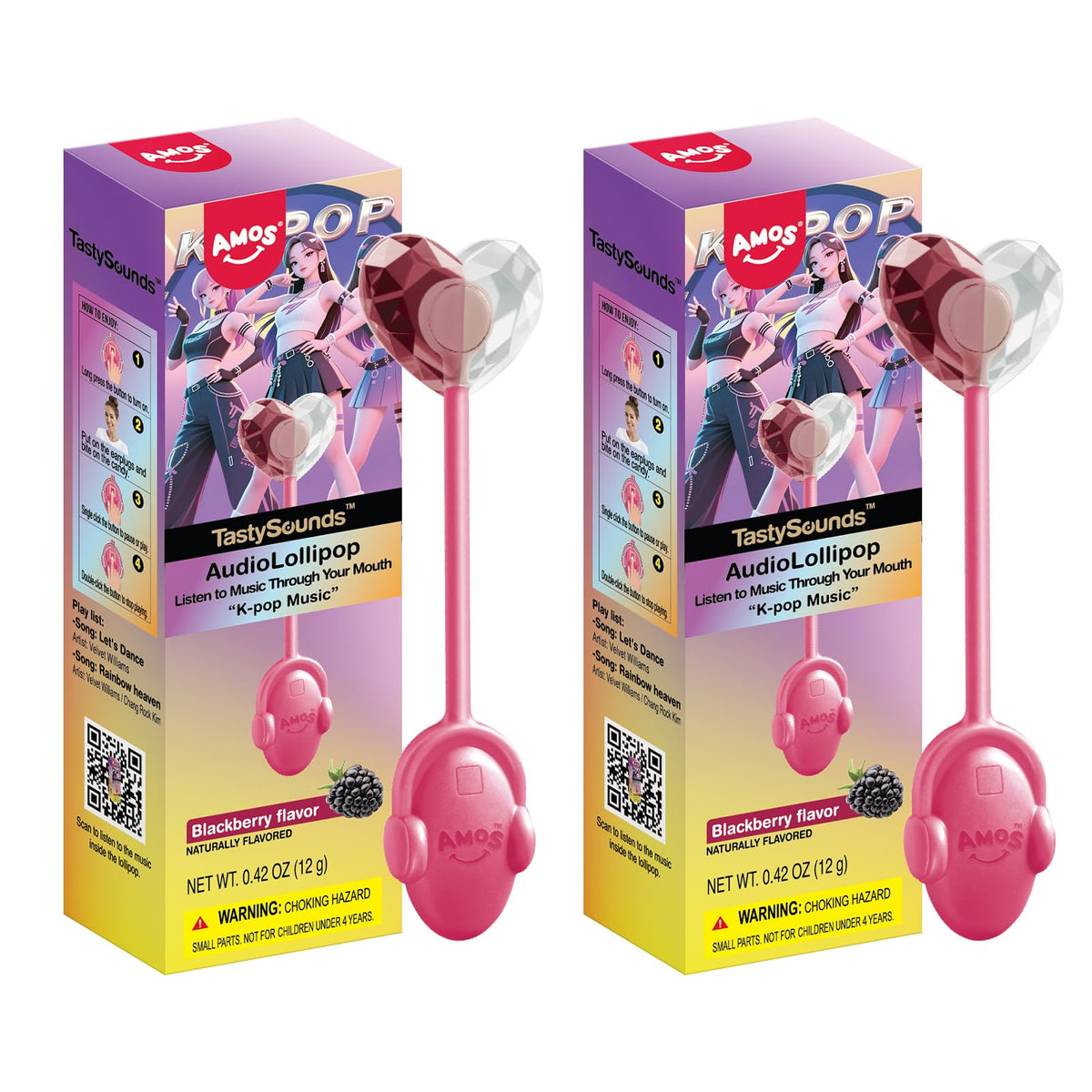AMOS front packaging showing two blackberry music lollipops and gift-ready box