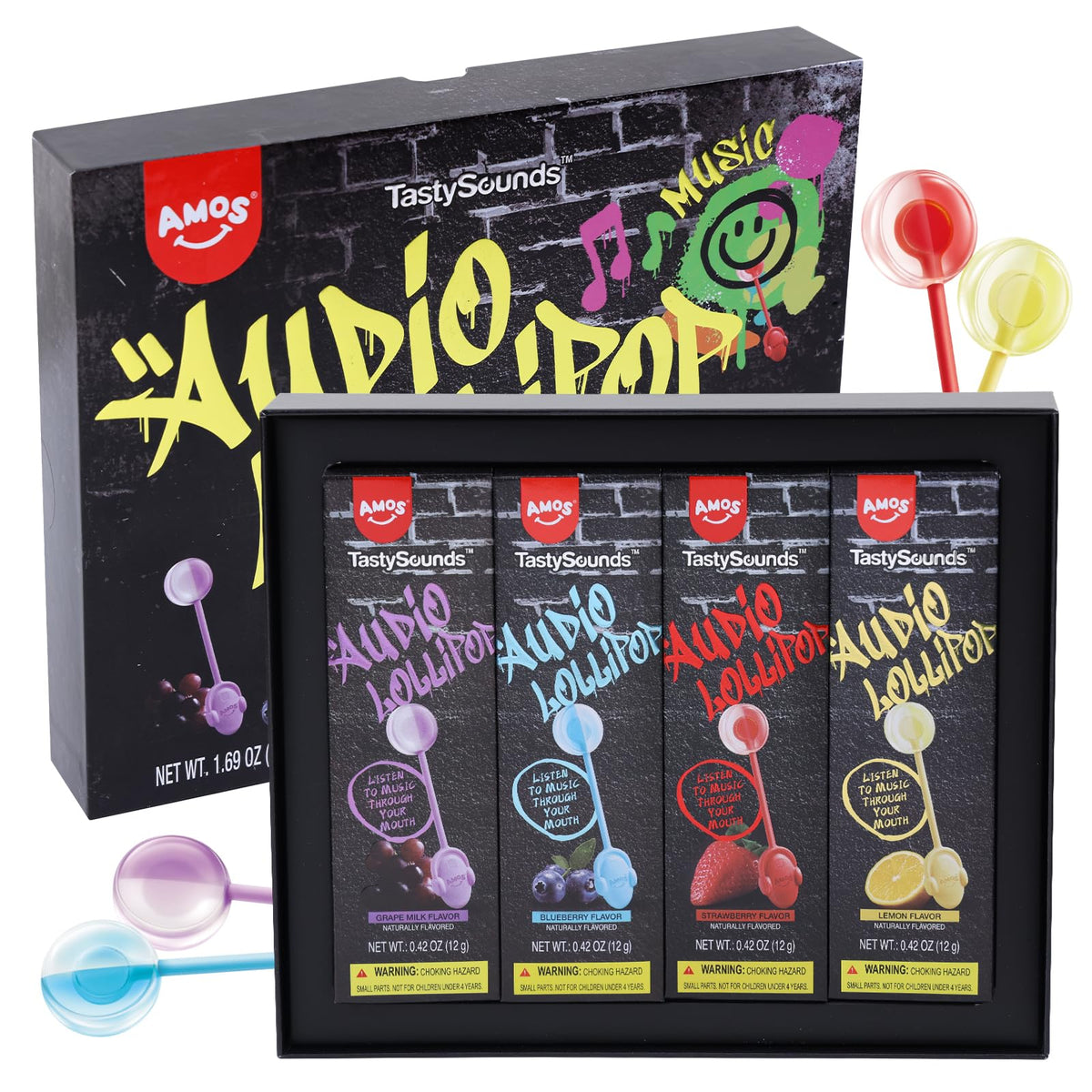 Amos front packaging showing 4-pack gift box and brand for easy gifting
