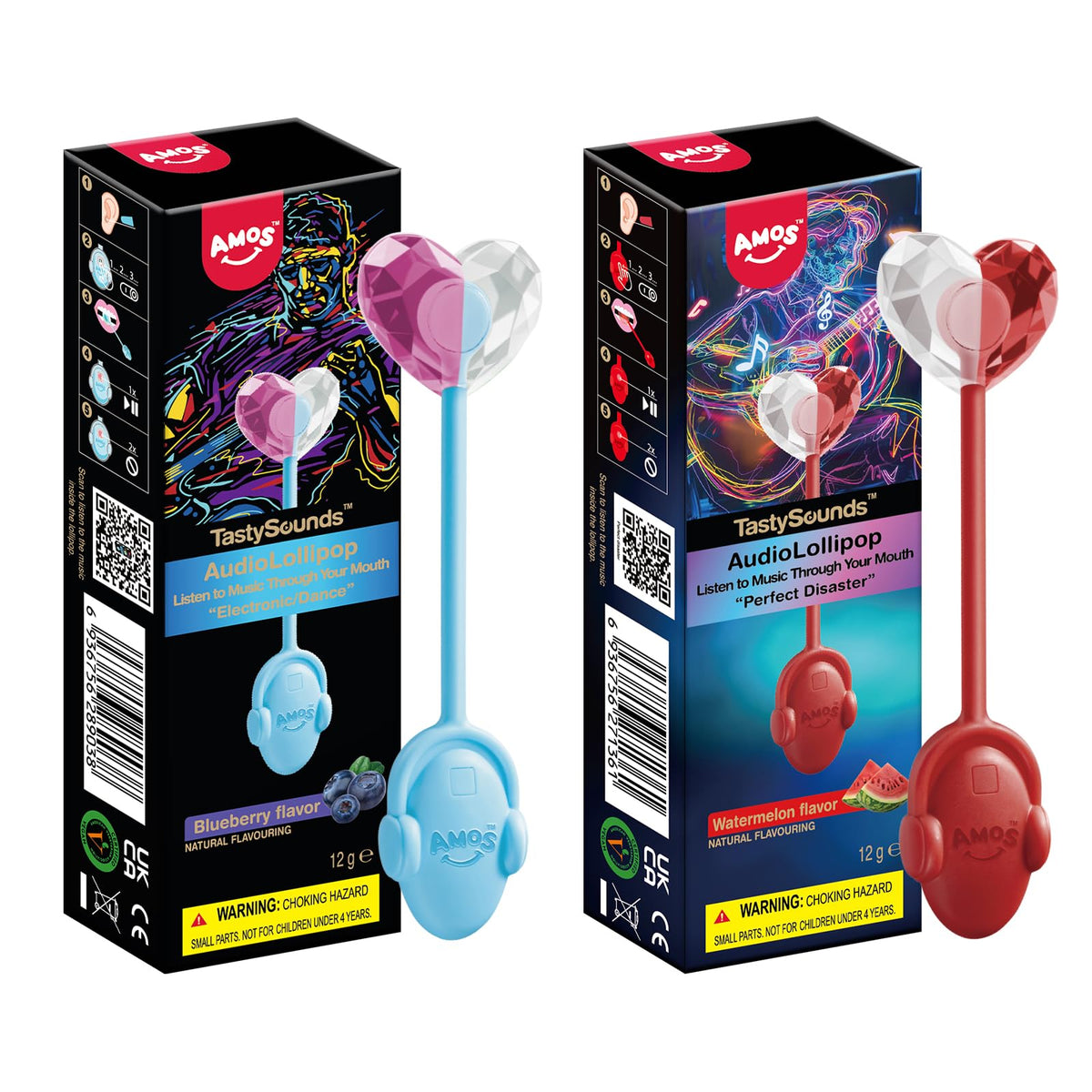 Amos front packaging showing watermelon and blueberry flavors and playful design