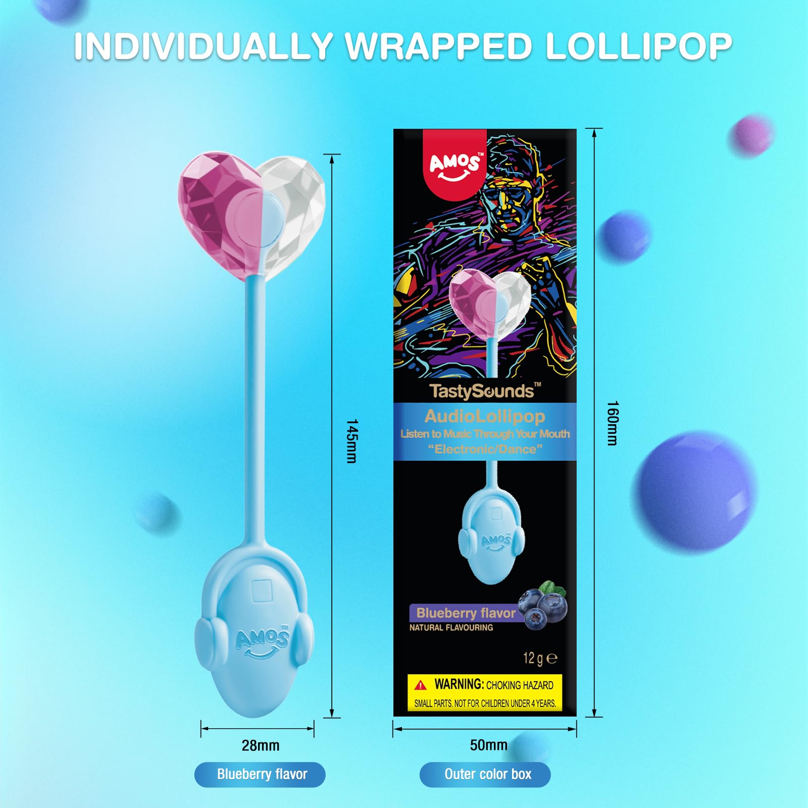 Two individually wrapped Amos lollipops ready for parties and convenient gifting