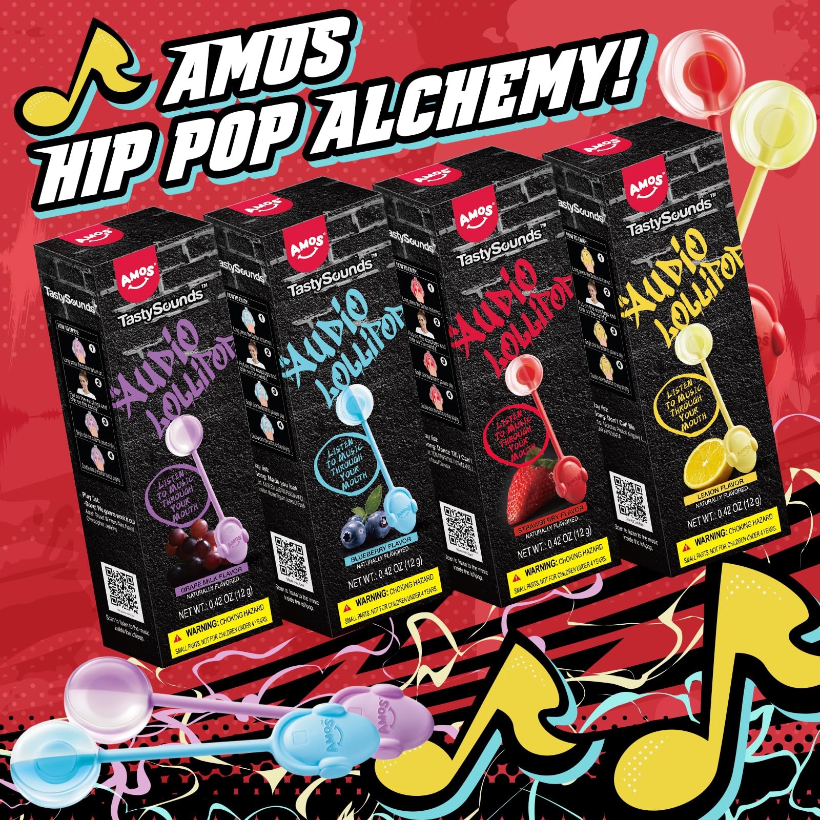 Amos lollipop in hand illustrating scale and portability for kids