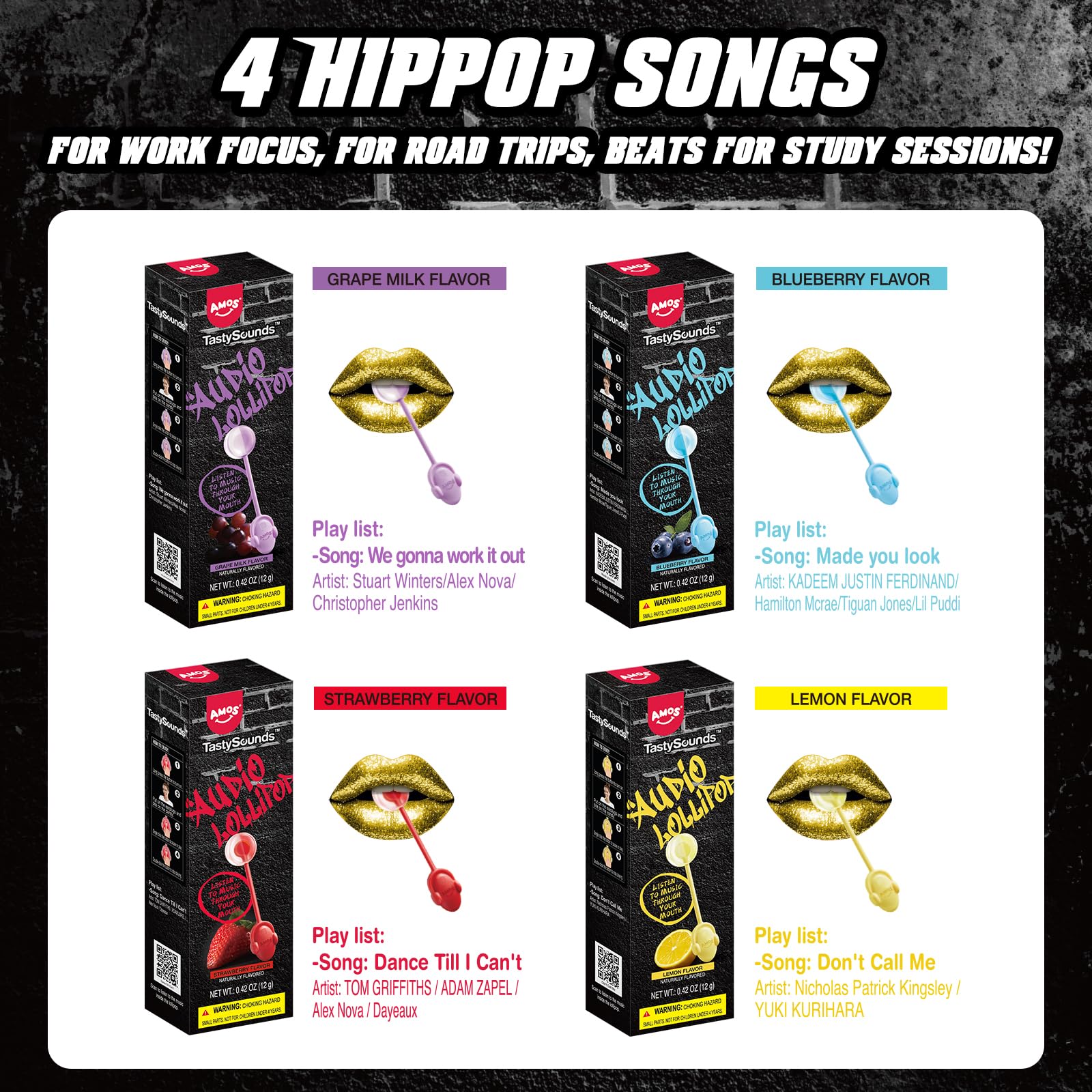 Amos open gift box display showing four individually wrapped music lollipops