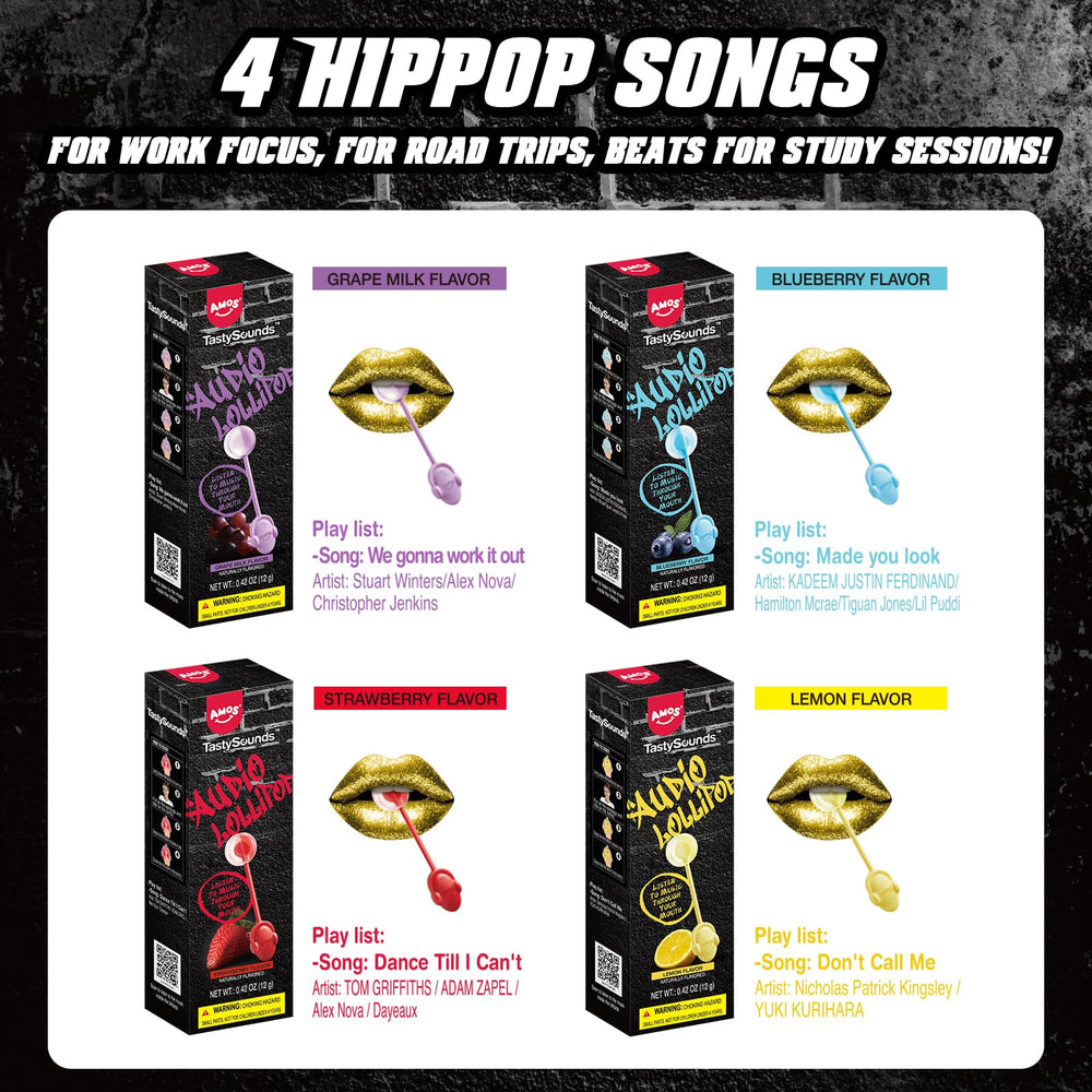 Amos open gift box display showing four individually wrapped music lollipops