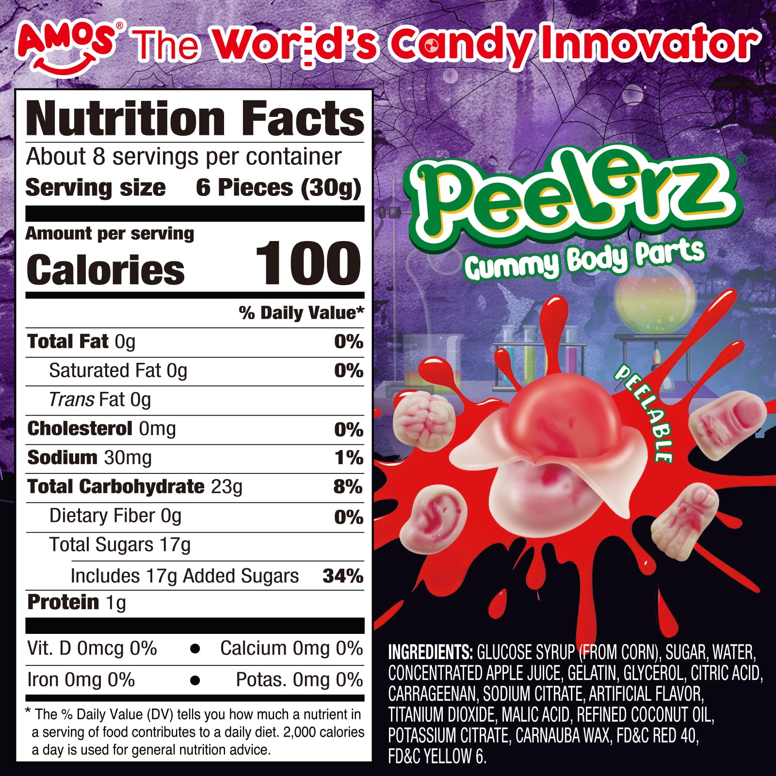 Amos detailed brain-shaped gummy emphasizing spooky design and fruity flavor