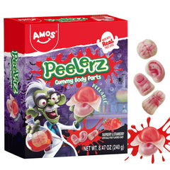 Amos front packaging showing peelable gummy body parts and festive design