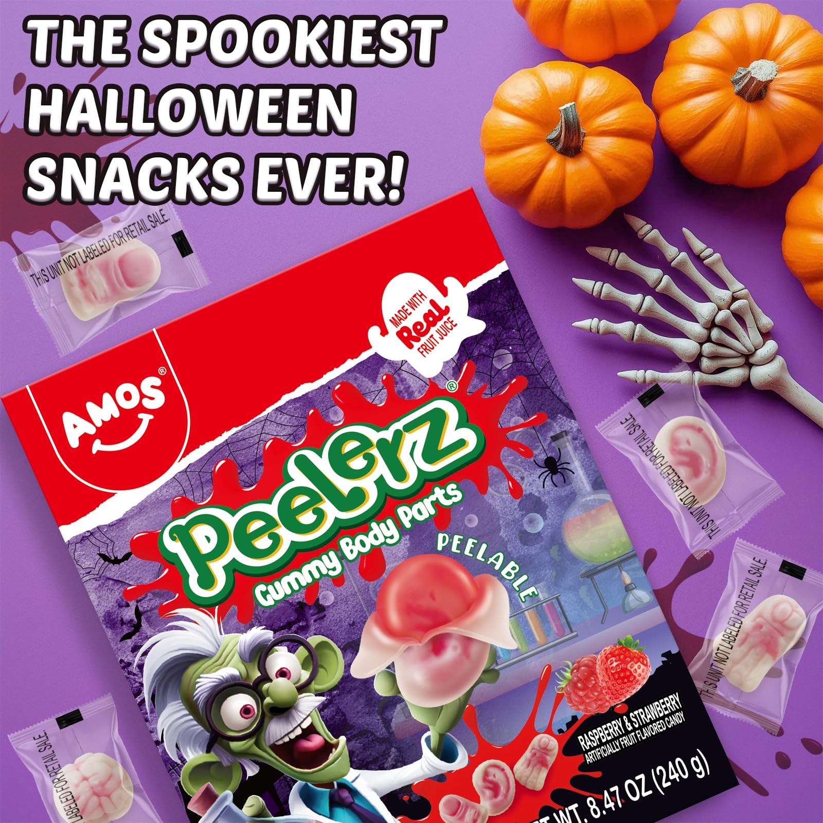 Amos individually wrapped gummy piece for hygienic trick-or-treat distribution