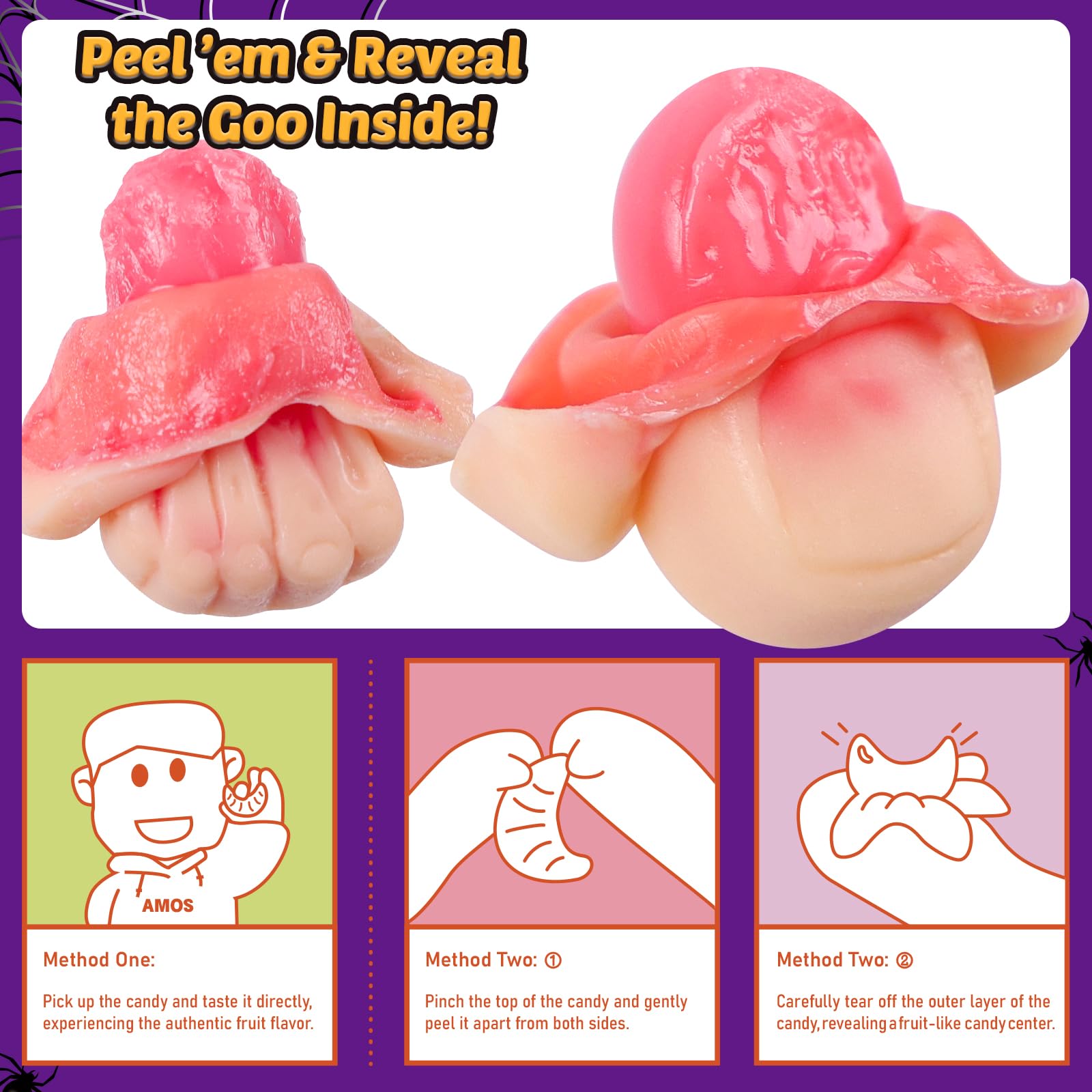Amos gummy next to a hand for scale to show child-friendly serving size