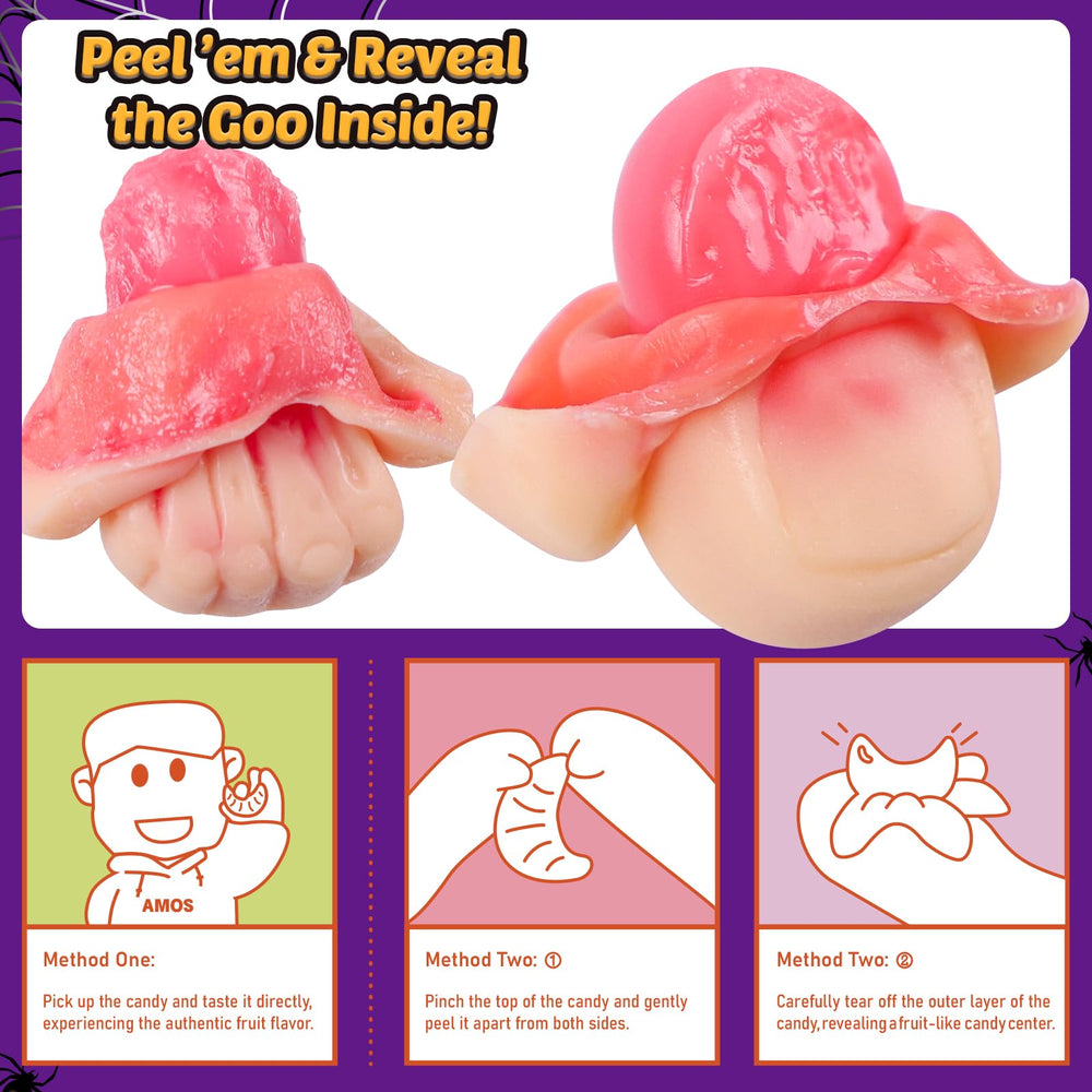 Amos gummy next to a hand for scale to show child-friendly serving size