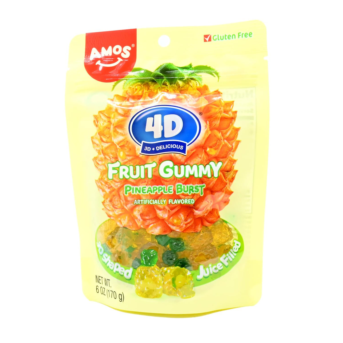 Amos front packaging showing 6 oz bag and bright pineapple gummies benefiting on-the-go snacking