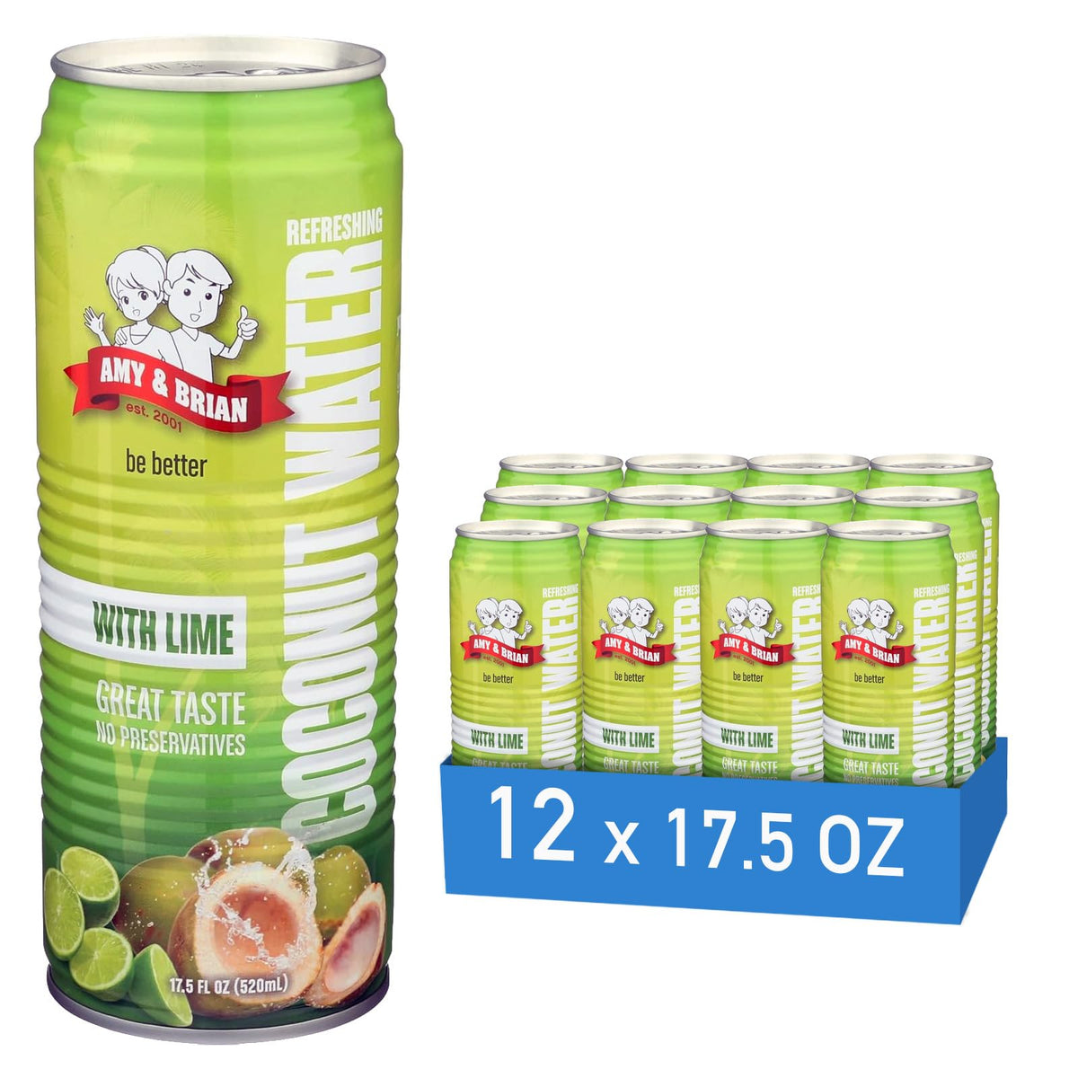 Amy & Brian front packaging showing lime and coconut for natural refreshment