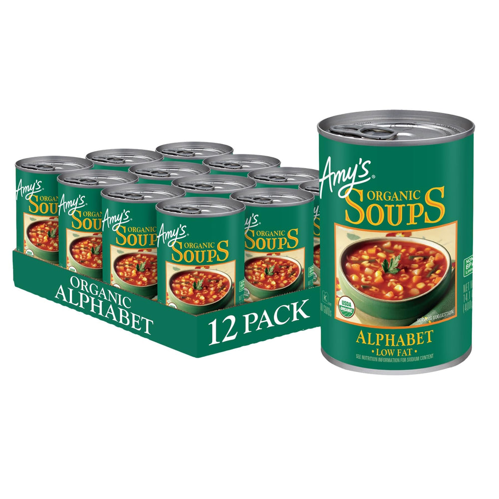 Amy's front pack shot showing canned alphabet soup for quick family meals