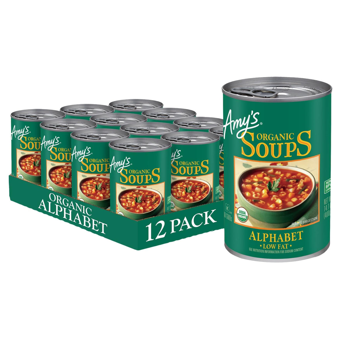 Amy's front pack shot showing canned alphabet soup for quick family meals
