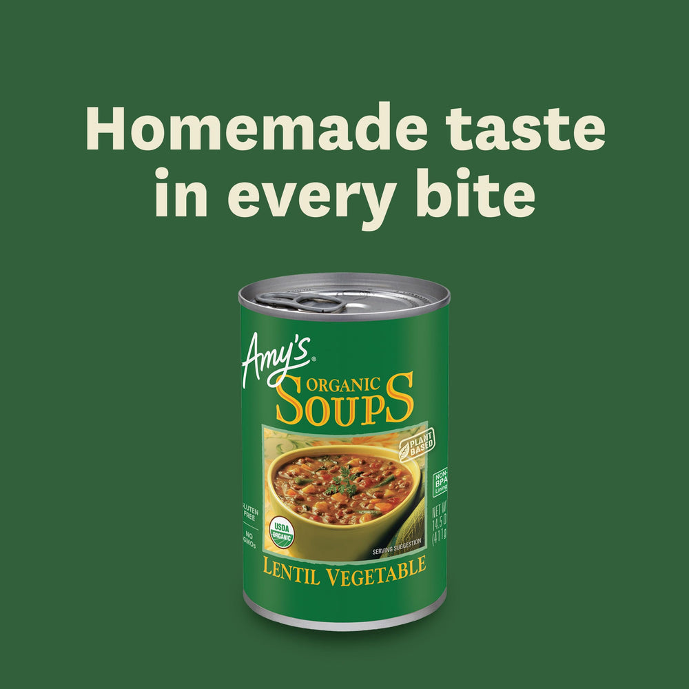 Amy's can nutrition label and ingredients list visible for transparency benefit