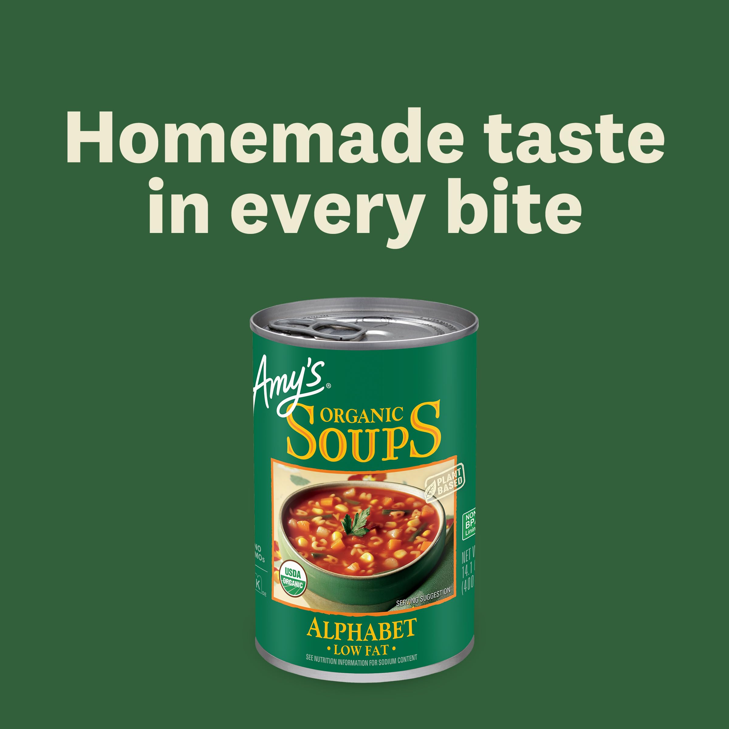 Amy's open can pouring soup into bowl demonstrating easy preparation