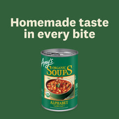 Amy's open can pouring soup into bowl demonstrating easy preparation