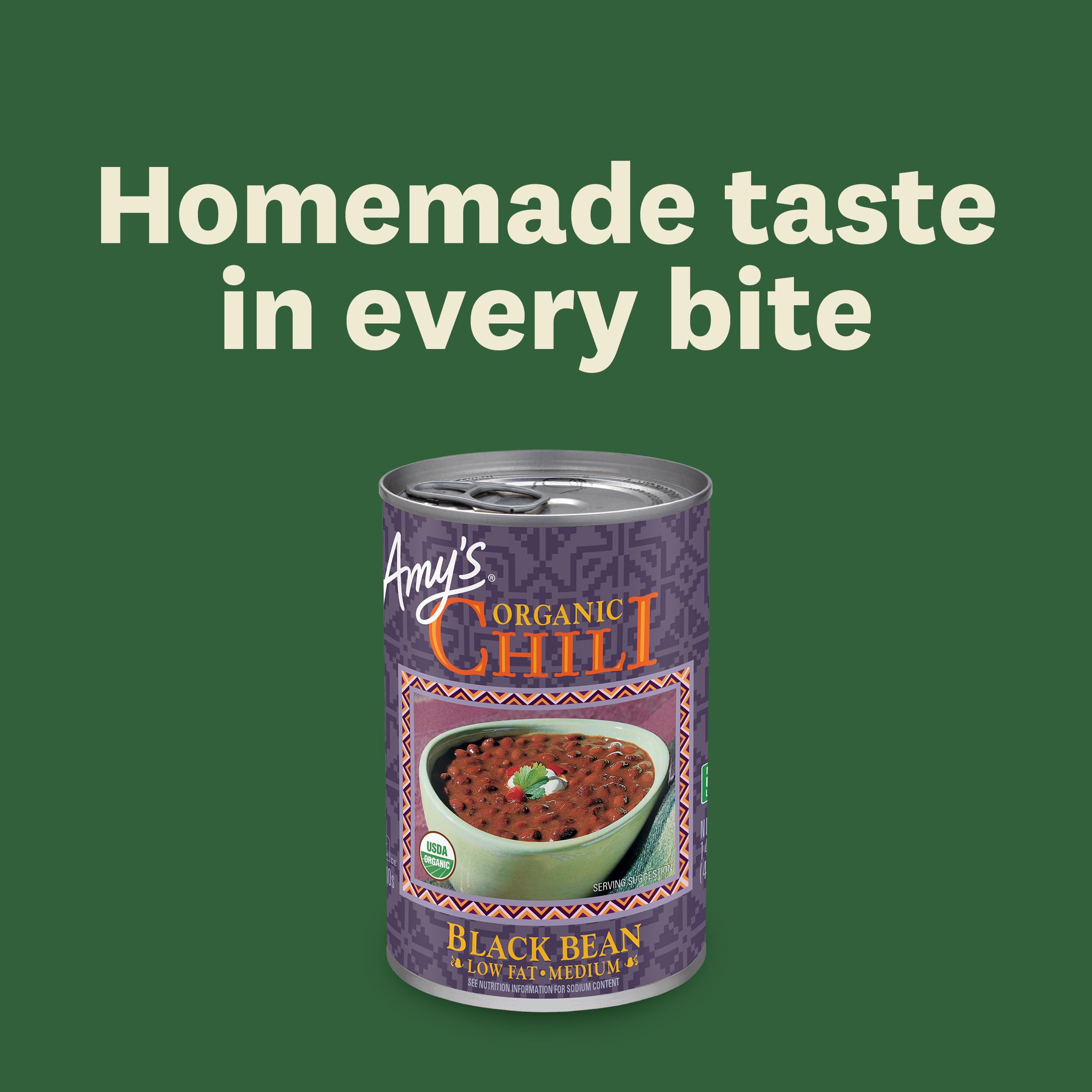 Amy's chili served in a bowl ready to eat, quick satisfying meal option