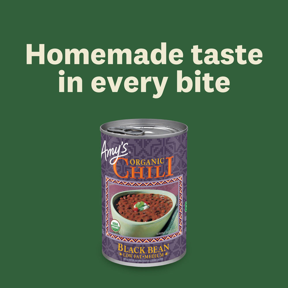 Amy's chili served in a bowl ready to eat, quick satisfying meal option