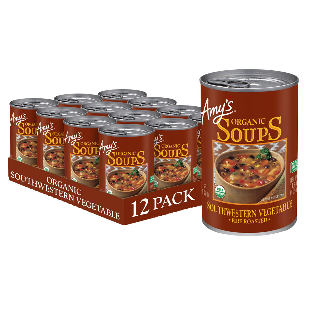 Amy's front can shot showing label and serving suggestion, conveys easy pantry meal
