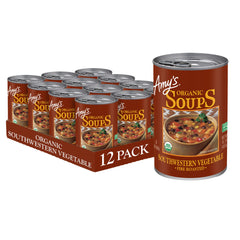 Amy's front can shot showing label and serving suggestion, conveys easy pantry meal