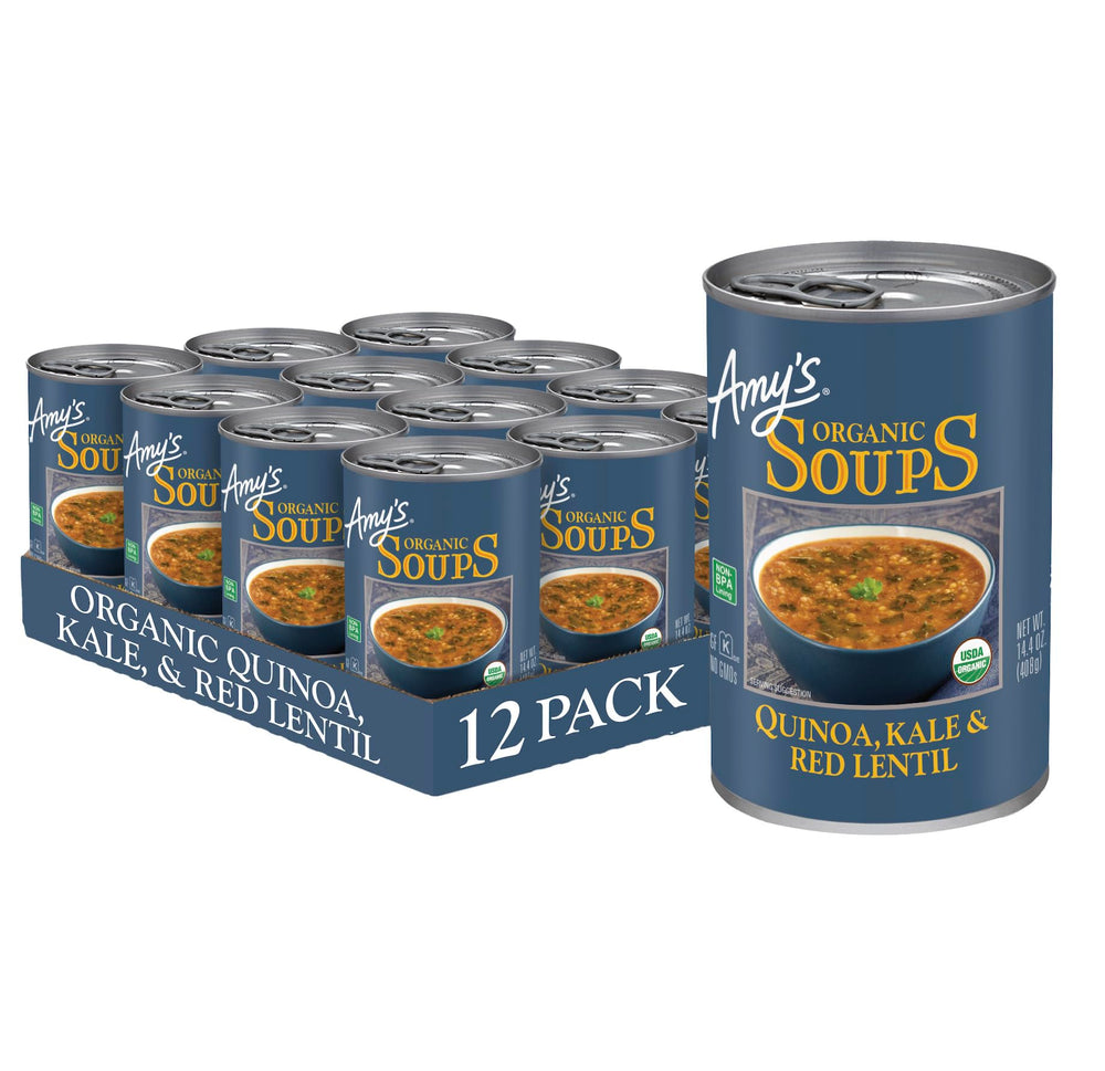 Amy's front view of 12-pack can for convenient organic meals