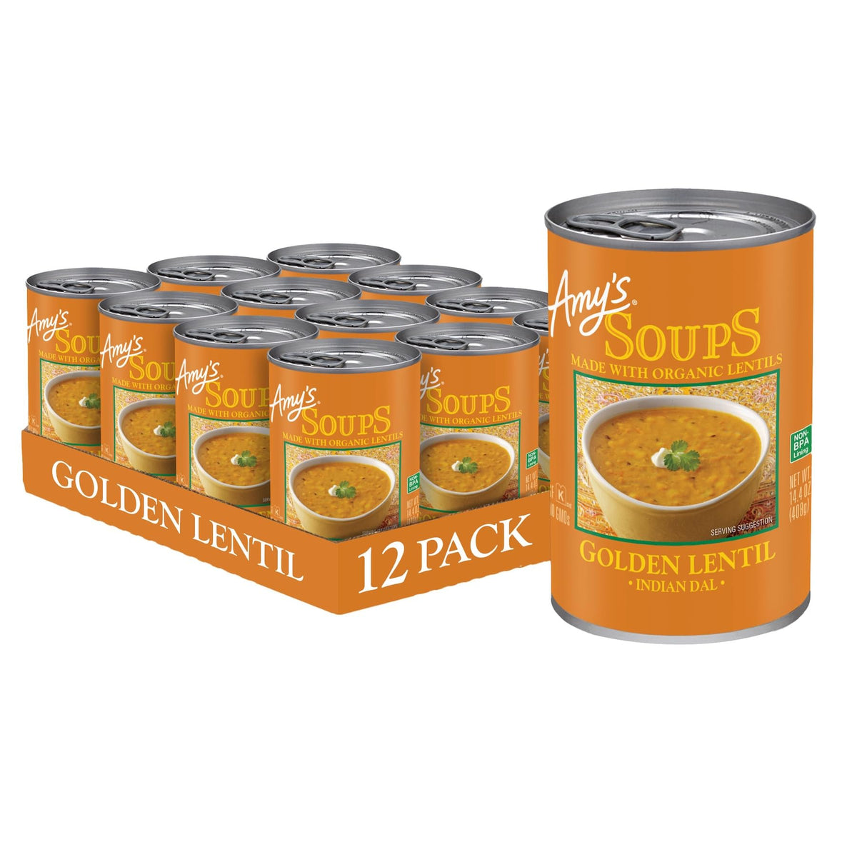 Amy's front packaging showing can design and organic claim for quick recognition